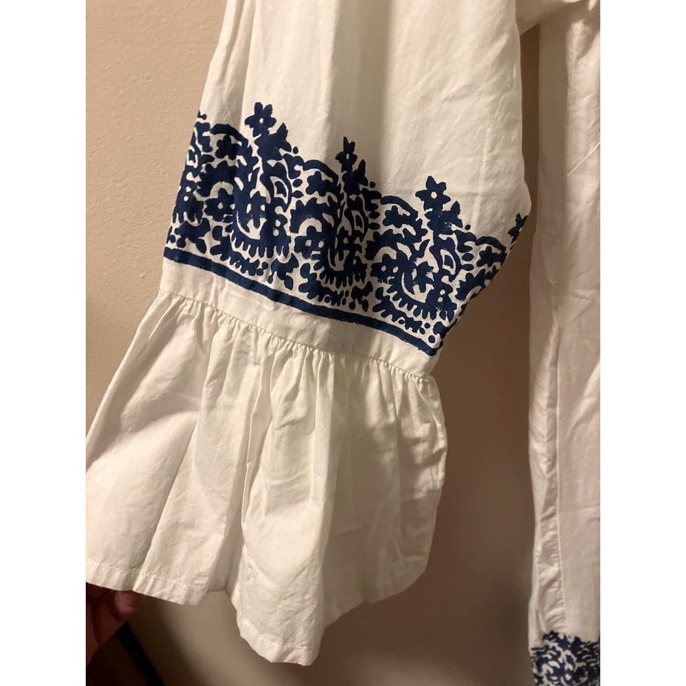 Roller Rabbit Mona Dress White Blue Border Maricruz Sz L Boho Flare - Picture 5 of 9